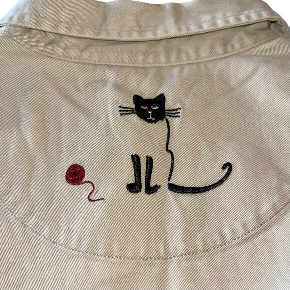 Embroidered Cat Button Up Shirt Shacket Khaki Kitty Top - Picture 5 of 10